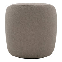 Textured, round pouf in a warm gray color, featuring a smooth, soft fabric finish. Ideal for modern decor.