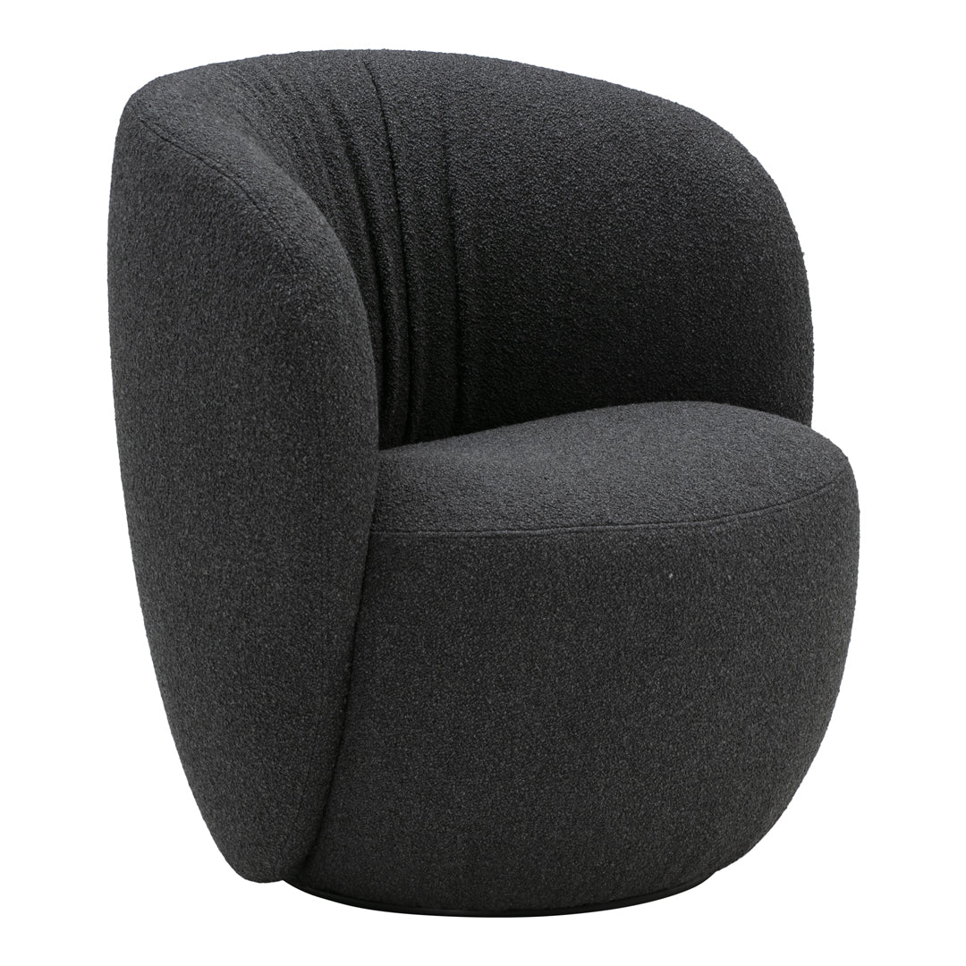 "Modern dark gray upholstered chair with subtle textured pattern and sleek curved design."