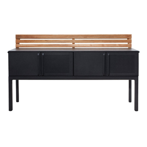 Black storage bench with a slatted wood back, featuring a sleek design and textured panel patterns. Perfect for modern decor.