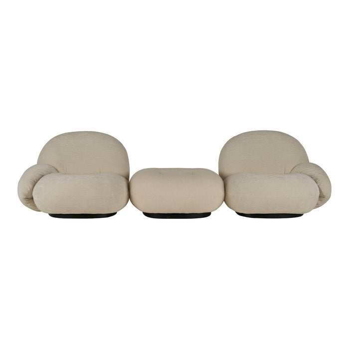 Beige rounded sofa set with smooth fabric and minimalistic design. Soft, plush textures enhance comfort and style.