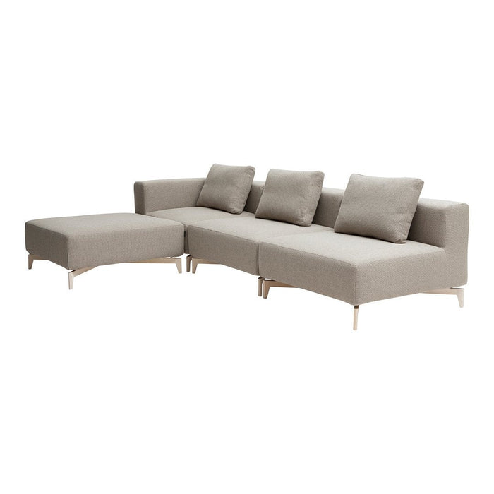 Beige modular sofa with clean lines and subtle texture, featuring three cushions and sleek metal legs.
