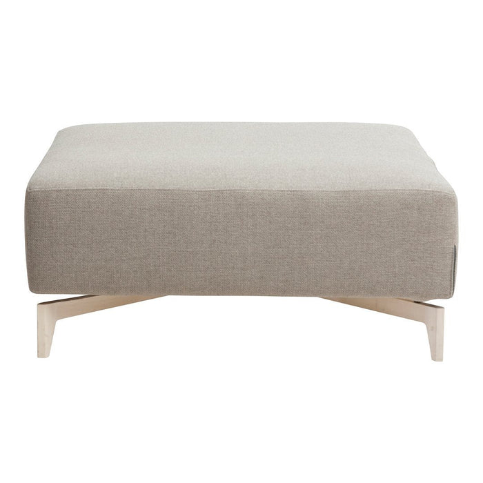 Light gray upholstered ottoman with a sleek, minimalist design and natural wood legs. Perfect for modern decor.