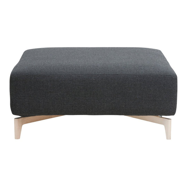 Modern gray upholstered ottoman with a minimalist design and light wood legs. Perfect for contemporary living spaces.