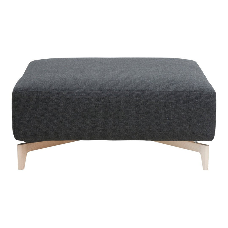 Modern gray upholstered ottoman with a minimalist design and light wood legs. Perfect for contemporary living spaces.
