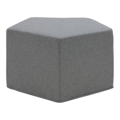 Hexagonal ottoman in a solid, modern light gray fabric, perfect for versatile decor styles.