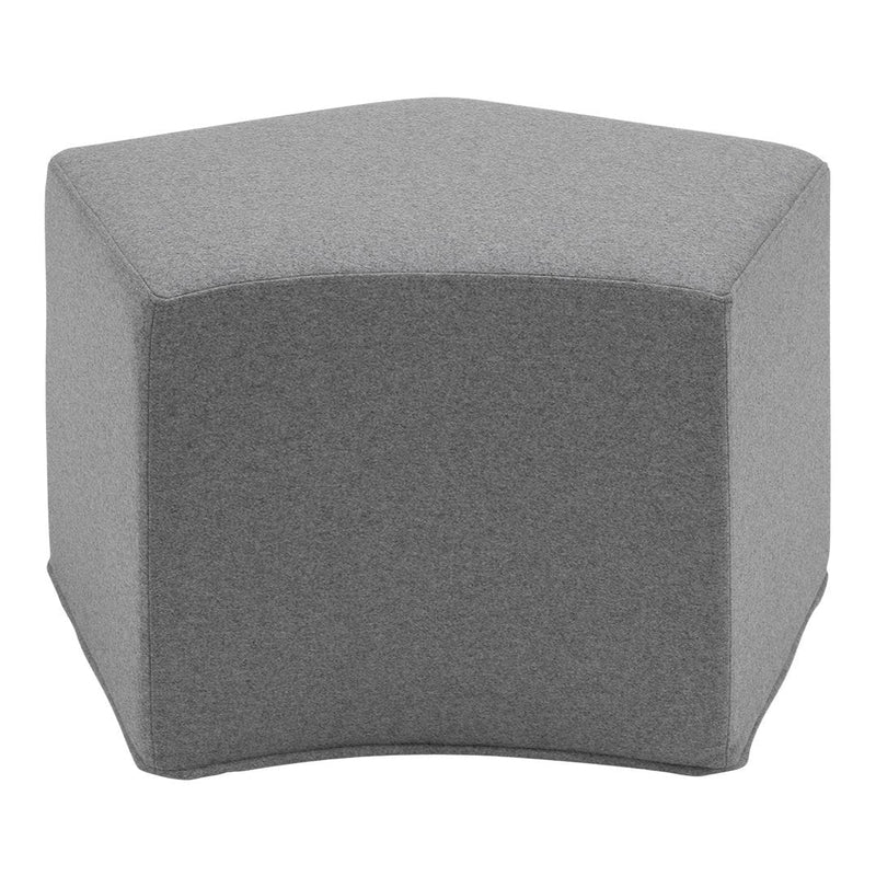 Gray pentagon-shaped pouf with a smooth texture, perfect for modern decor and versatile seating solutions.