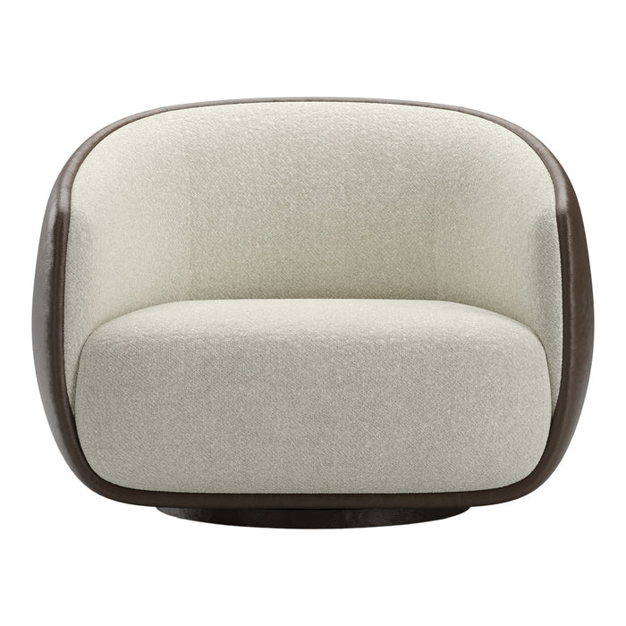 Cream fabric upholstery with a smooth, dark brown curved frame, providing a modern and cozy aesthetic.