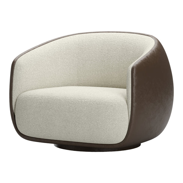 Cream and brown upholstered modern accent chair with a curved design and textured fabric. Perfect for stylish interiors.