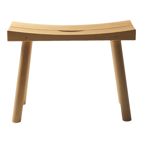 Natural wood stool with a curved top and smooth finish, featuring a light beige color and simple, minimalist design.