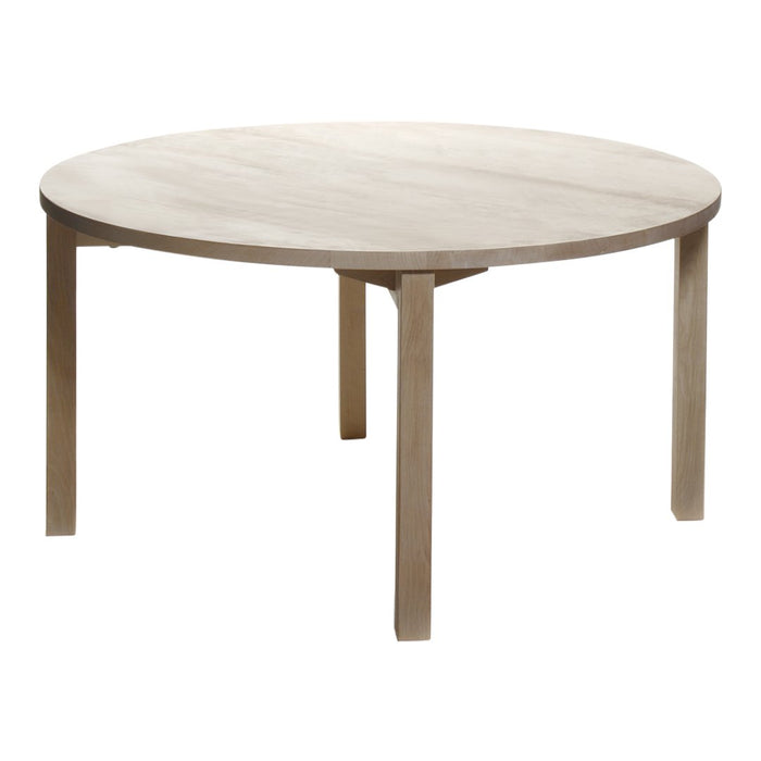 Round wooden table in a light beige finish, showcasing a smooth, minimalist surface and simple leg design.