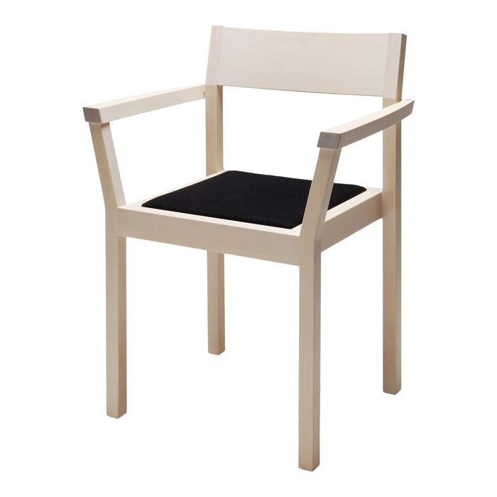 Light wood armchair with black cushioned seat, featuring a modern, minimalist design and clean lines.
