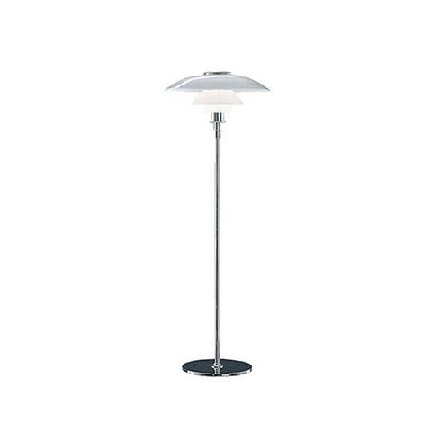 Modern chrome floor lamp with a sleek white shade and a black base, featuring a minimalist design.