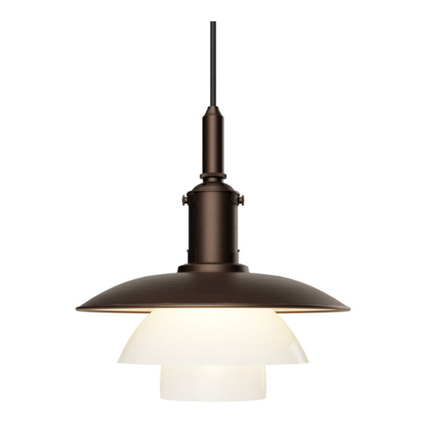 Bronze pendant light with layered white glass shades, featuring a modern, minimalist design. Ideal for stylish interiors.