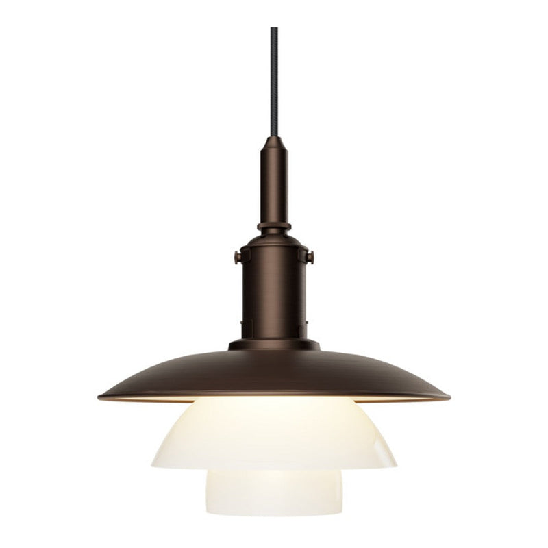 Bronze pendant light with layered white glass shades, featuring a modern, minimalist design. Ideal for stylish interiors.