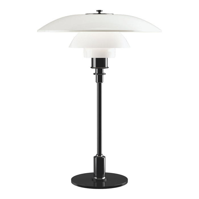 Modern black and white lamp featuring a sleek, layered design with a glossy base and matte-finish shade.