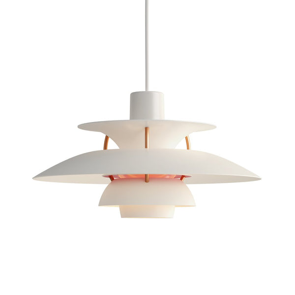 White pendant lamp with layered shades and a subtle orange accent. Modern design for stylish interiors.