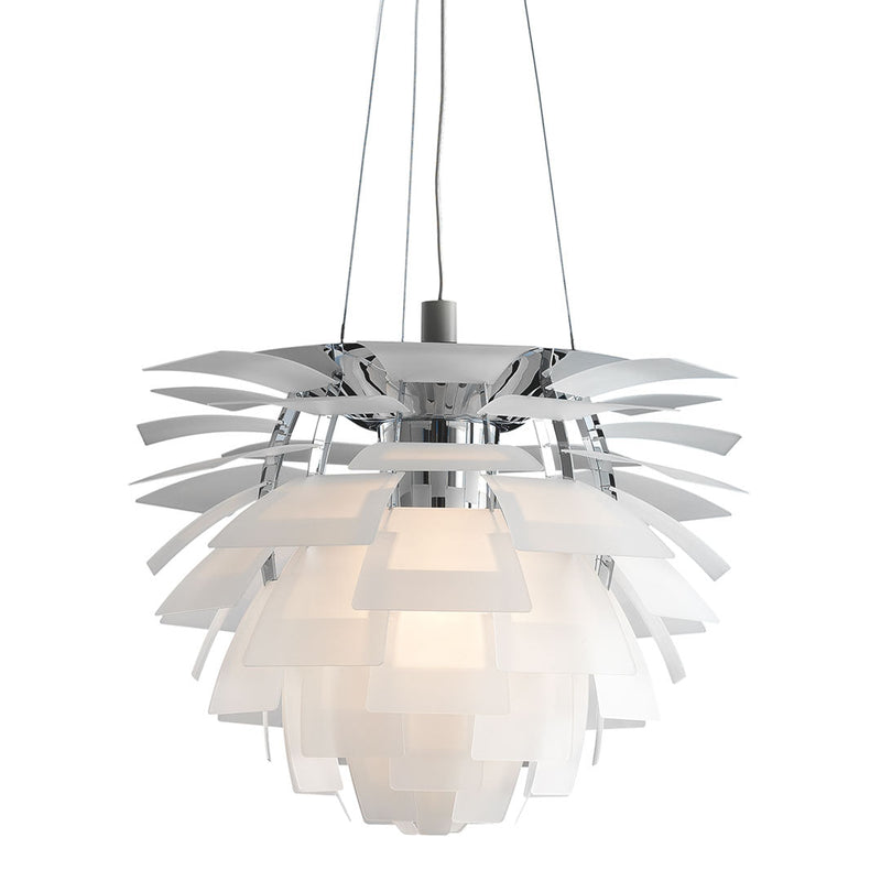 Modern pendant light featuring layered white shades and a chrome finish, creating a sleek, contemporary design.