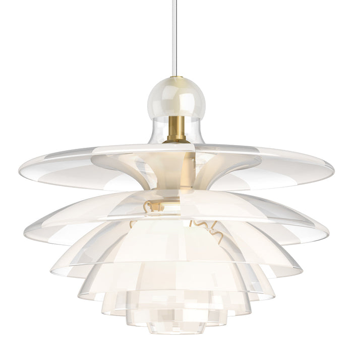 Modern pendant lamp with layered transparent white shades and gold accents. Elegant design for stylish interiors.