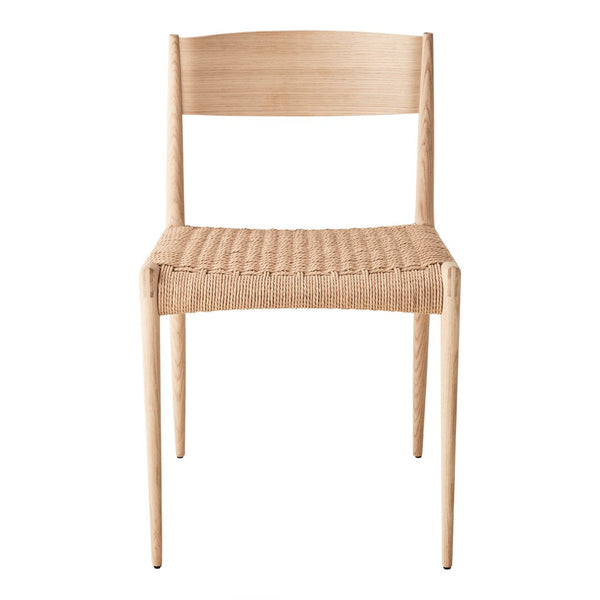 Natural wood chair with a sleek, minimalist design and woven seat pattern in light beige tones.