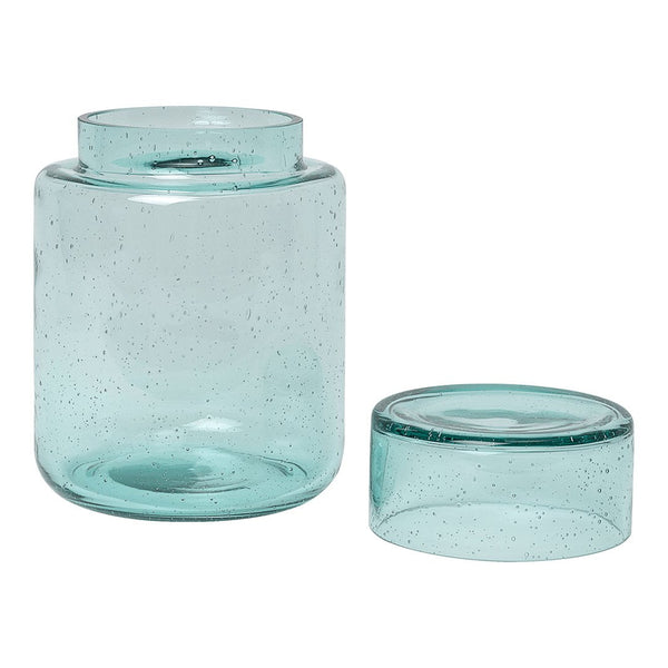 Turquoise glass jars with textured speckles, featuring a lid for stylish storage. Ideal for home decor.