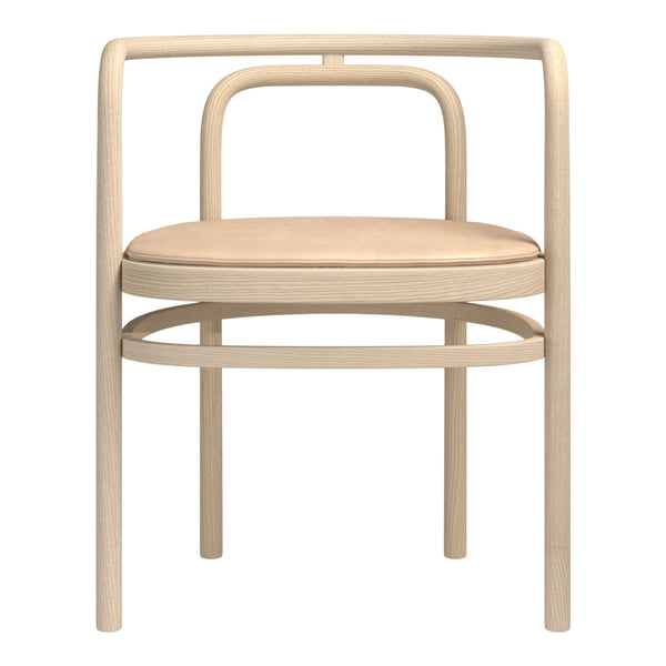 Minimalist light wood chair with a smooth beige leather seat, featuring sleek, curved lines and a modern design.