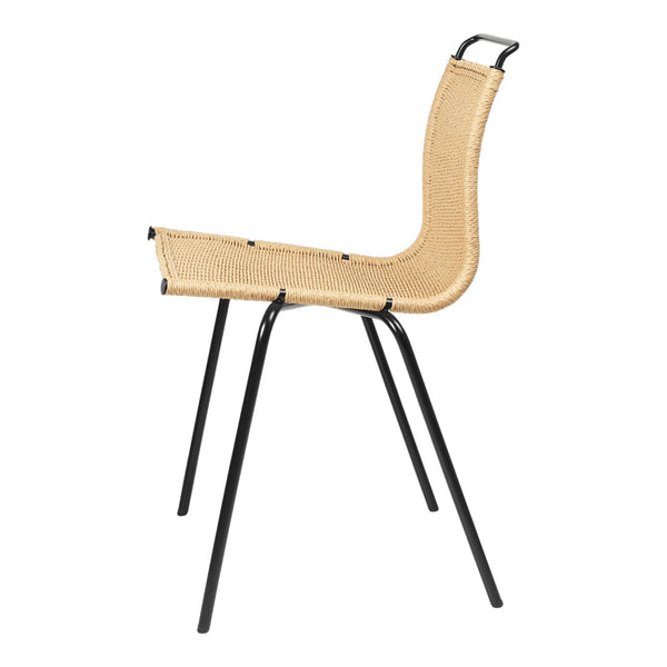 Stylish chair featuring a natural beige seat and minimalist black metal legs for a modern look.