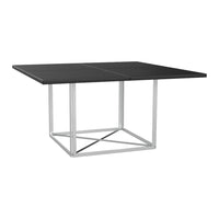Modern square table with a sleek black top and minimalist silver metal legs, perfect for contemporary decor.