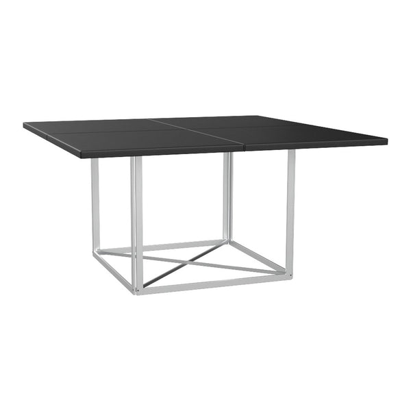 Modern square table with a sleek black top and minimalist silver metal legs, perfect for contemporary decor.