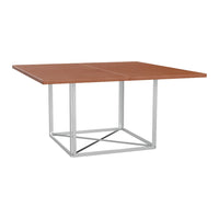 Square wood table with a warm brown finish and modern silver metal base, featuring a simple, clean design.