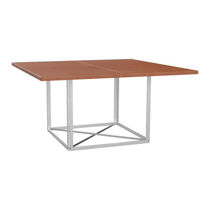 Square wood table with a warm brown finish and modern silver metal base, featuring a simple, clean design.