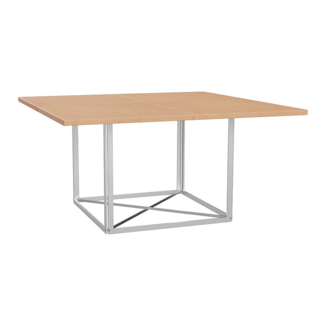Light wood tabletop with minimalist silver metal base, showcasing a sleek, modern design.