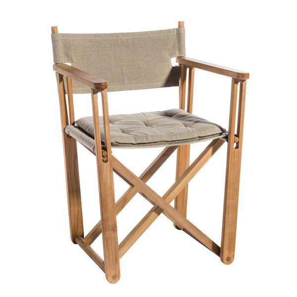 Light beige canvas seat with a textured cushion and natural wood frame, featuring a simple, modern design.