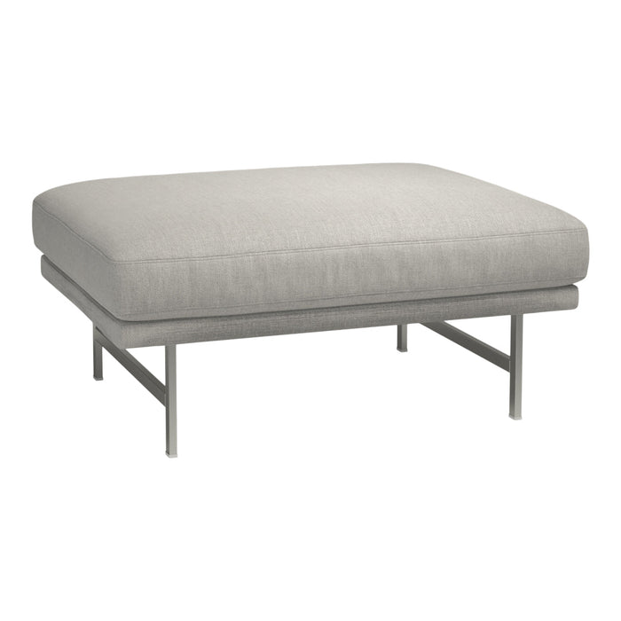 Light gray upholstered ottoman with a minimalist design and sleek silver metal legs. Ideal for modern decor.