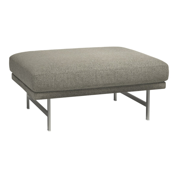 Grey upholstered ottoman with a textured fabric and sleek metal legs, perfect for modern decor.