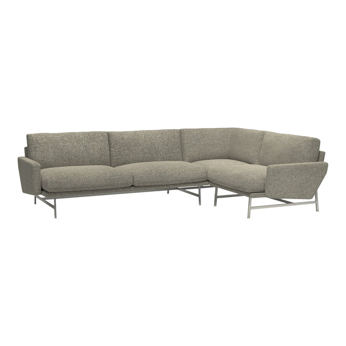 Light gray textured sectional sofa with a modern design and sleek metal legs. Perfect for contemporary living spaces.