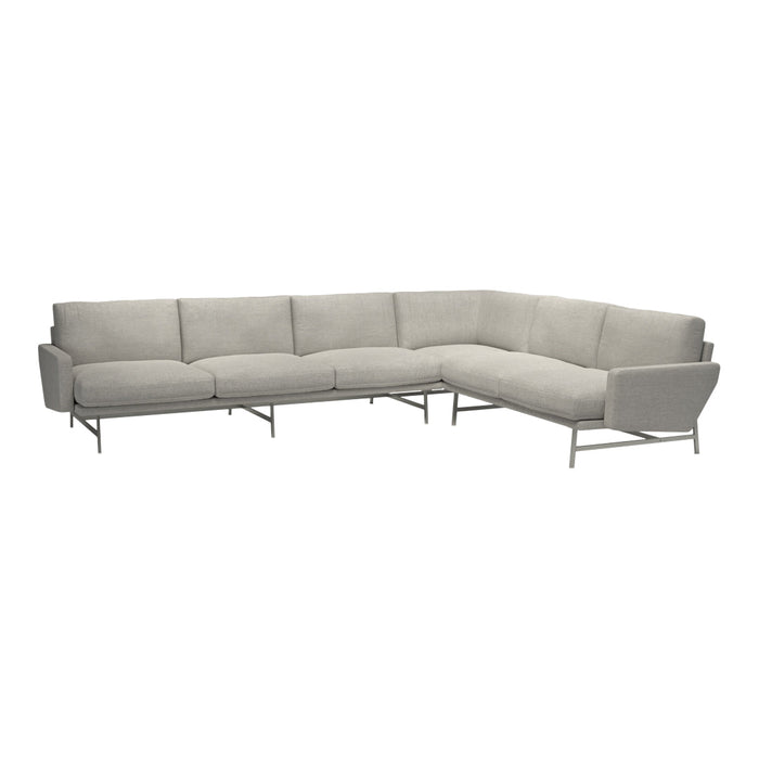 Light gray sectional sofa with smooth upholstery and minimalist design, featuring a clean, modern look.