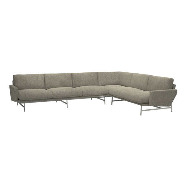 Gray sectional sofa with a textured fabric pattern and sleek metal legs, perfect for modern living spaces.