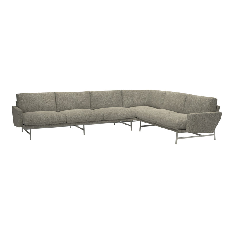 Gray sectional sofa with a textured fabric pattern and sleek metal legs, perfect for modern living spaces.