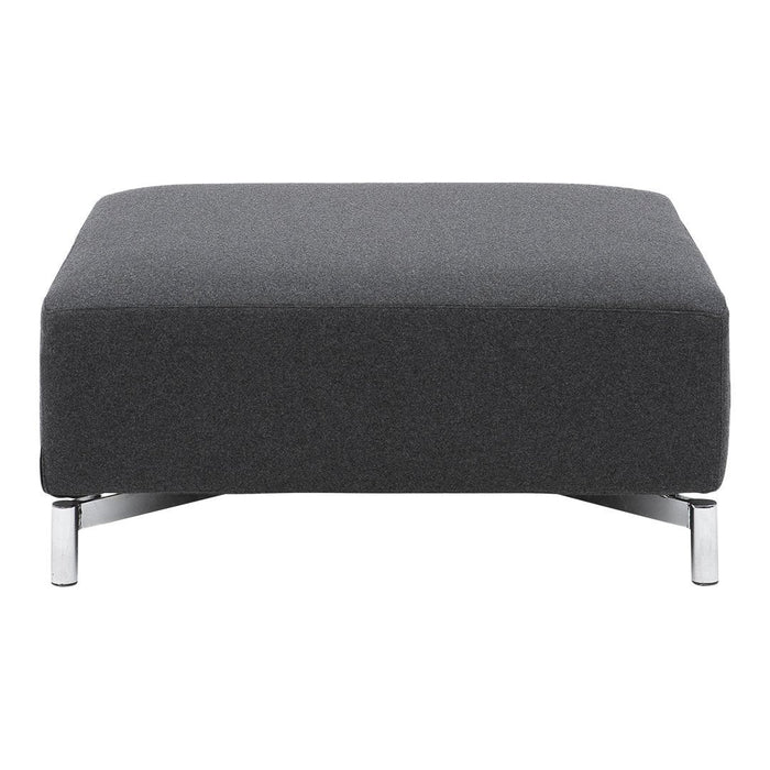 Gray upholstered ottoman with a sleek square design and chrome legs, perfect for modern decor.