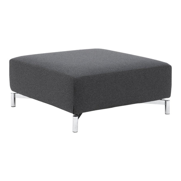 Gray square ottoman with a sleek fabric texture and chrome legs, perfect for modern decor.