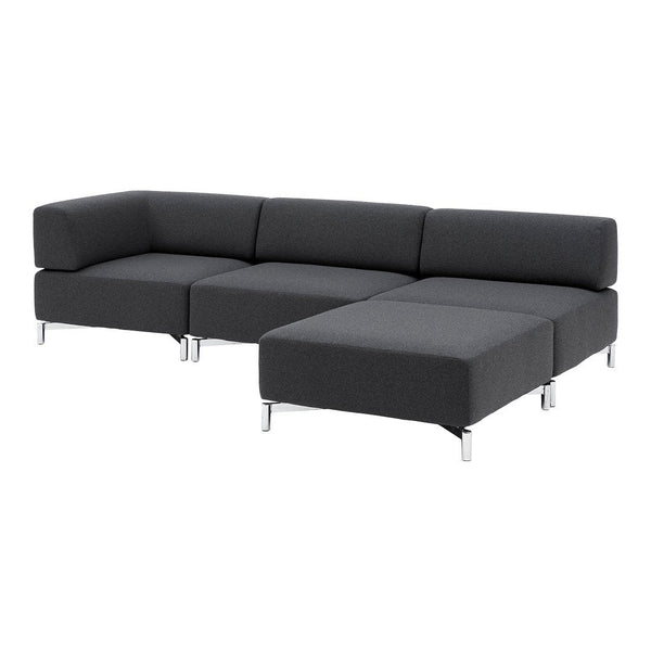 Modern L-shaped sofa in dark gray fabric with clean lines and sleek silver legs, perfect for stylish living rooms.