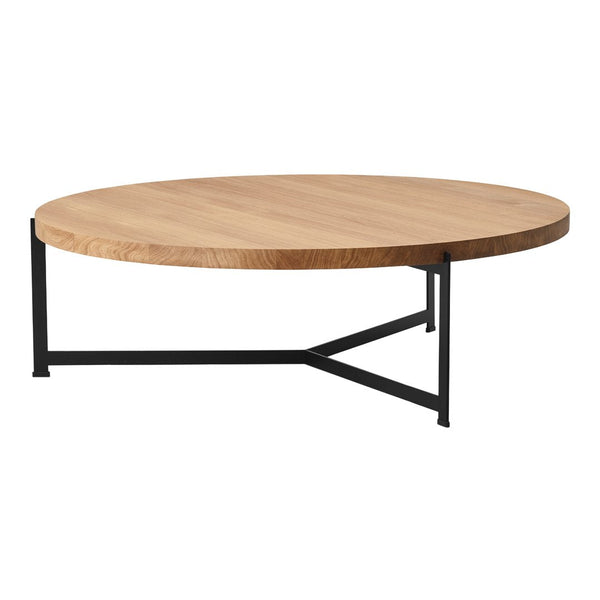 Round wooden coffee table with a natural oak finish and a sleek black metal base. Minimalist design and modern aesthetics.