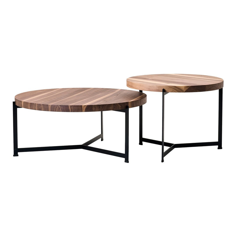"Round wooden coffee tables with rich brown tones and natural wood grain patterns, set on sleek black metal frames."