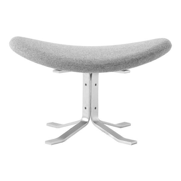 Gray upholstered stool with a curved design and a sleek silver metal base, perfect for modern decor.