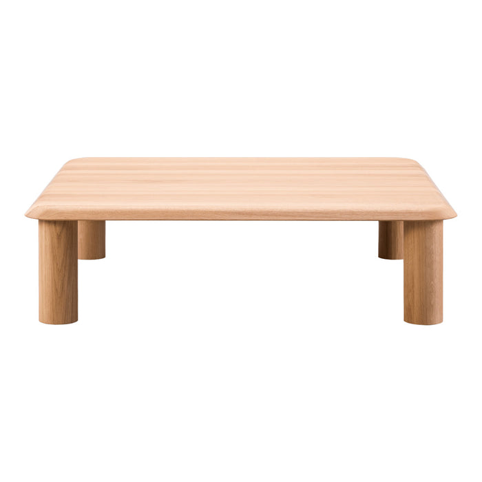 Natural light wood coffee table with a smooth surface and rounded edges. Simple, elegant design.