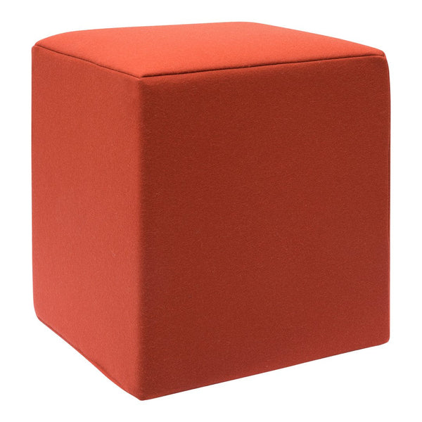Red upholstered cube ottoman with a smooth, solid color finish. Ideal for modern decor.