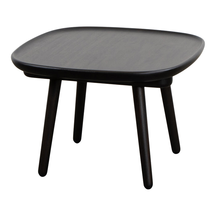 Square black wooden table with smooth surface and tapered legs, perfect for modern decor.