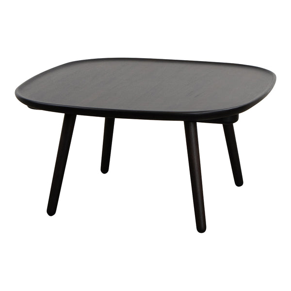 Black square coffee table with smooth surface and tapered legs, featuring a modern minimalist design.