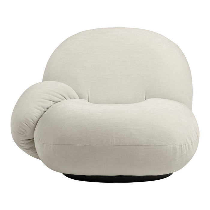 Cream-colored, plush lounge chair with a rounded design and soft, smooth fabric for a cozy aesthetic.