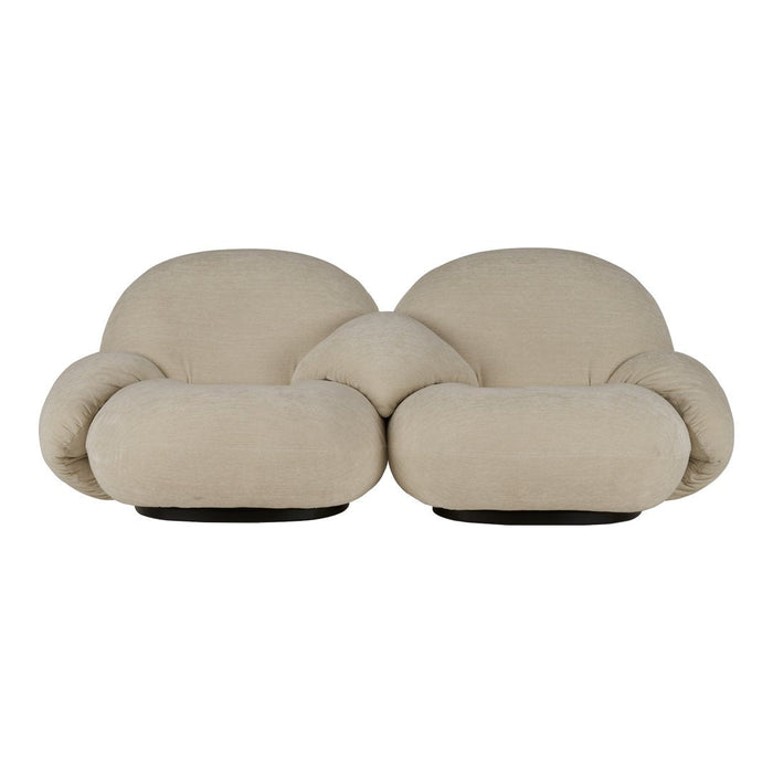 Beige, plush loveseat with curved shapes and soft lines, featuring a smooth texture and minimalistic design.